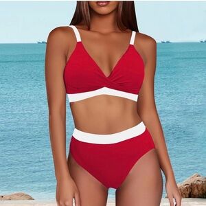 050 NWT BMJL High Waist Twist V Neck Color Block Bikini Set - Size: Small‎
